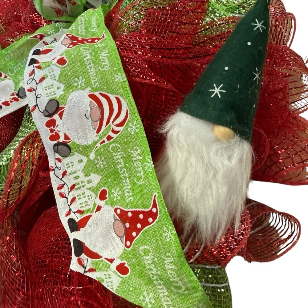 Handmade Christmas Gnome Deco Mesh Wreath Red & Green Santa Ribbon 17